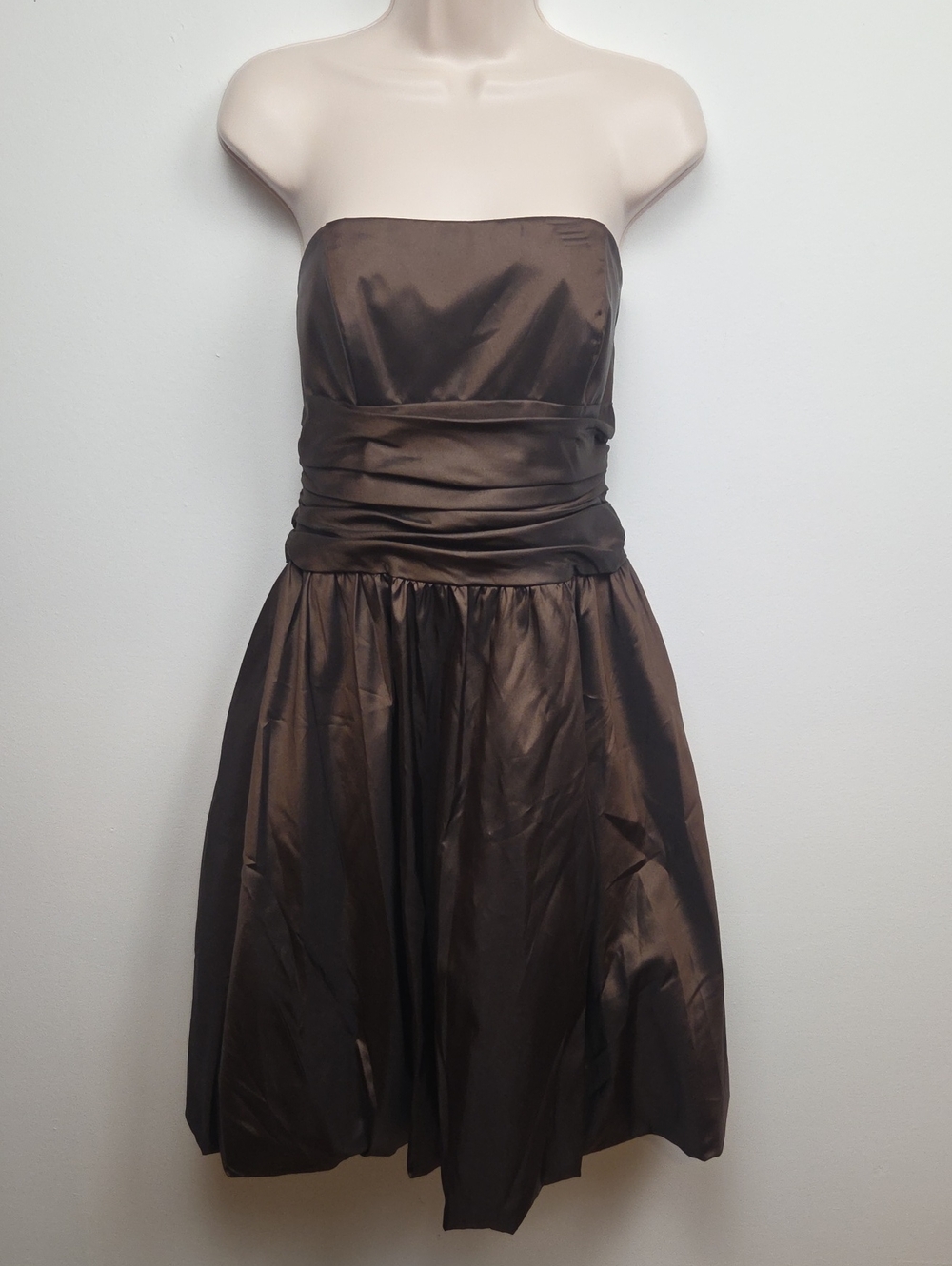 David’s Bridal Chocolate Brown Metallic Taffeta Strapless Bubble Hem Dress - 10